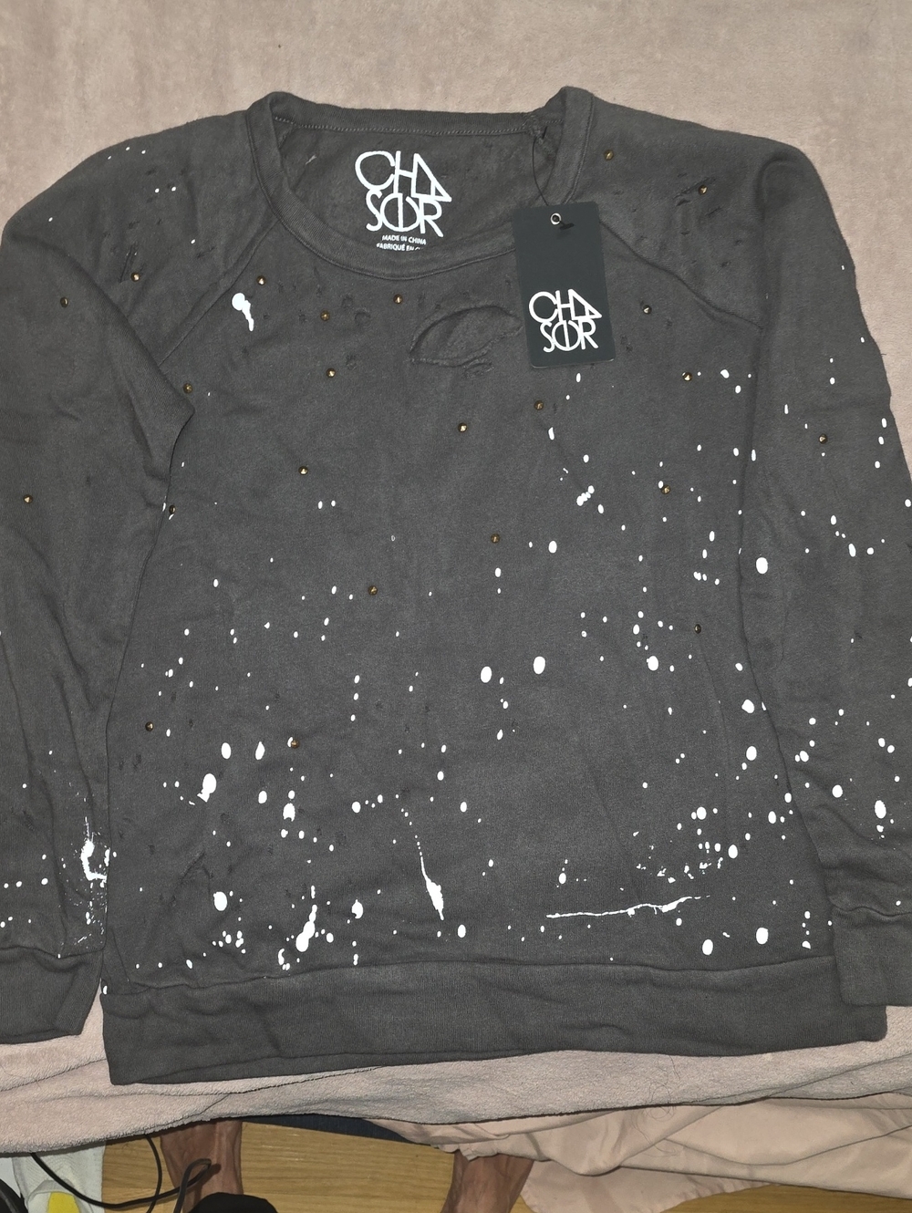 Chaser Black Crewneck Sweatshirt with White Paint Splatter and Studs